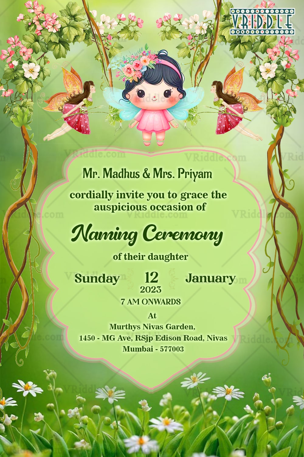 Whimsical Fairy-Girl Naming Ceremony Invitation with Enchanted Vine Garden Design
