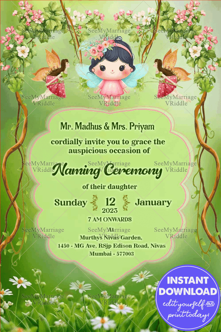 Whimsical Fairy-Girl Naming Ceremony Invitation with Enchanted Vine Garden Design