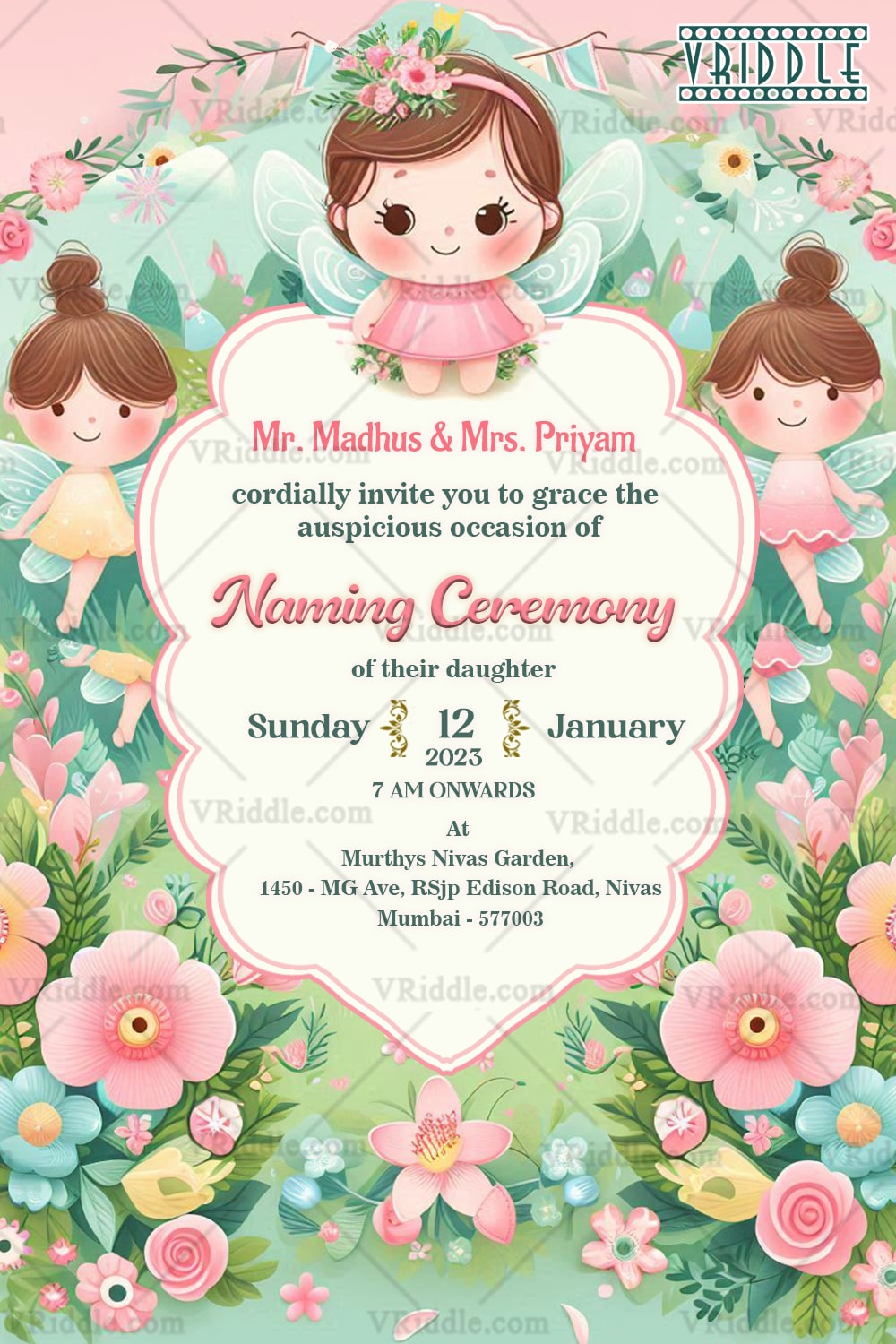 Fairy Tale Naming Ceremony Invitation with Enchanted Pastel Flowers Design