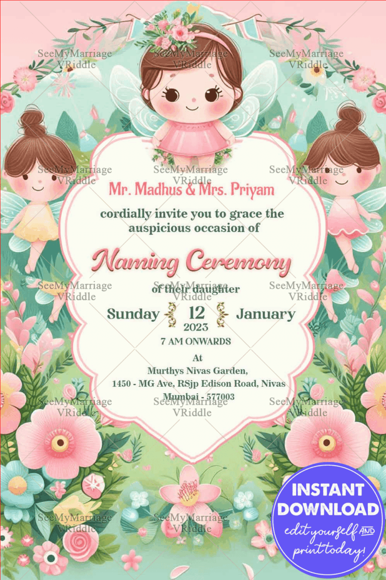 Fairy Tale Naming Ceremony Invitation with Enchanted Pastel Flowers Design