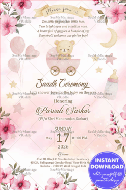 Whimsical Pink Saadh Ceremony Invitation Card with Blooming Flowers, Golden Stars and Sleeping Teddy