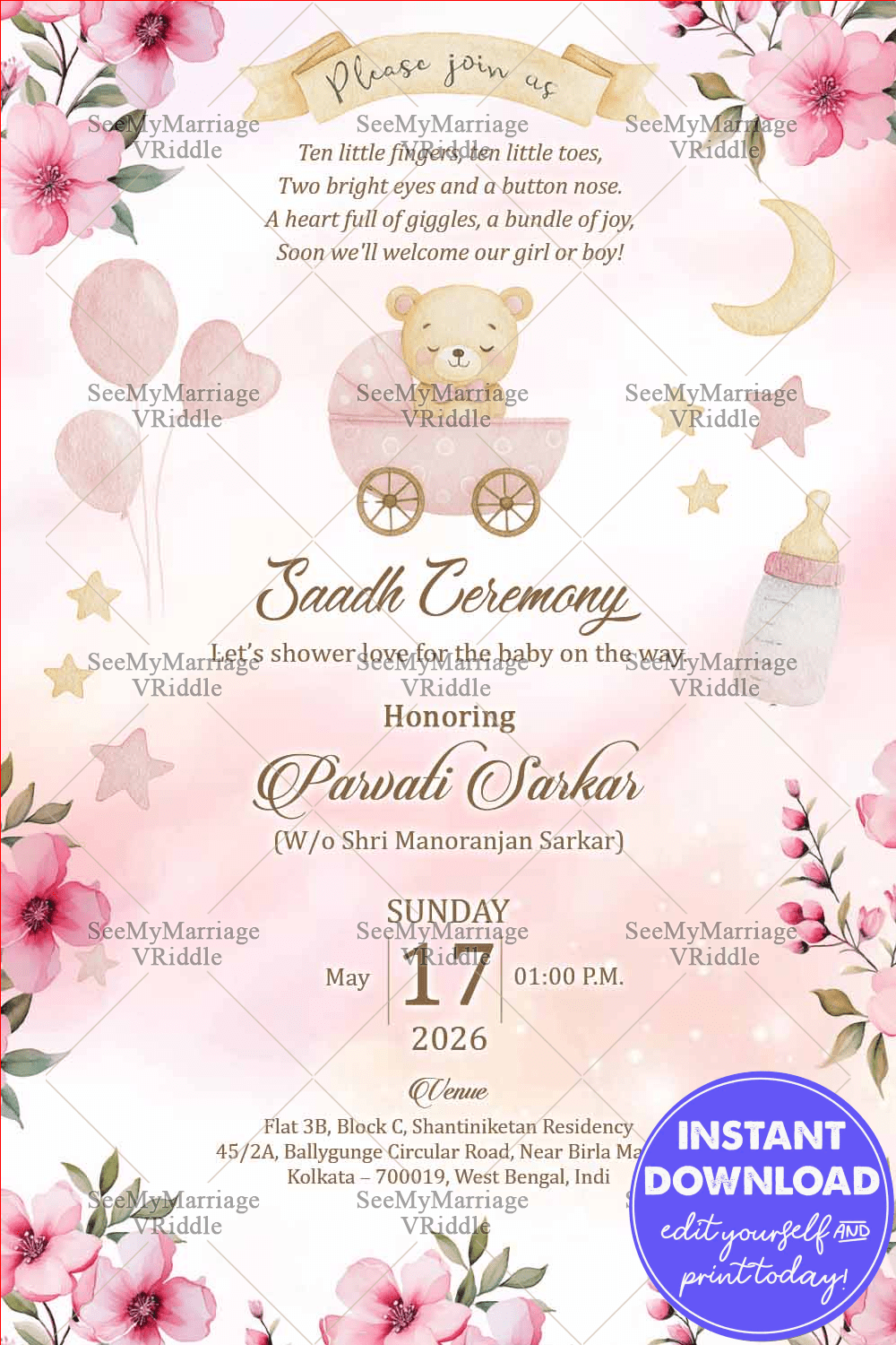 Whimsical Pink Saadh Ceremony Invitation Card with Blooming Flowers, Golden Stars and Sleeping Teddy