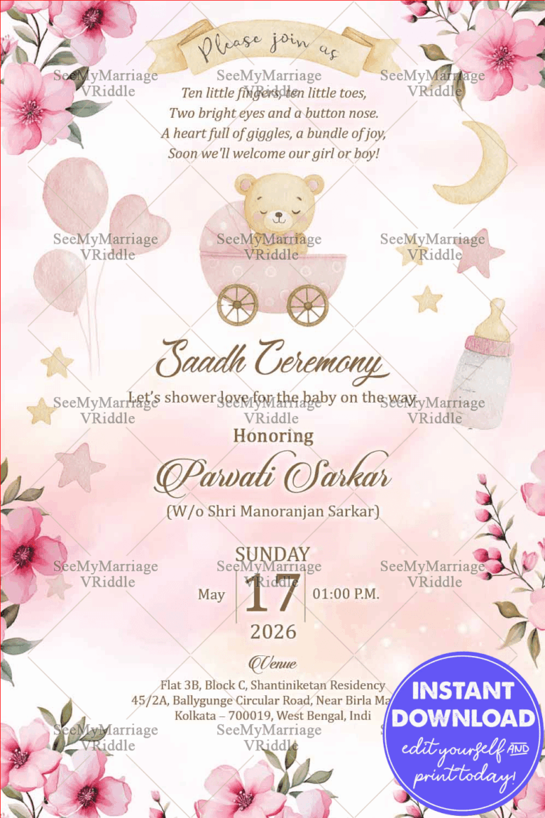 Whimsical Pink Saadh Ceremony Invitation Card with Blooming Flowers, Golden Stars and Sleeping Teddy