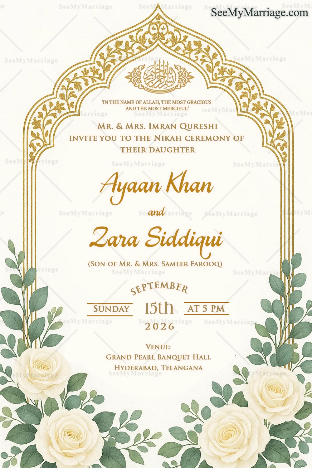 White Rose Elegance Nikah Invitation with Golden Islamic Arch and Serene Greenery