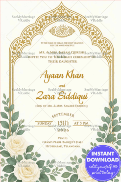 White Rose Elegance Nikah Invitation with Golden Islamic Arch and Serene Greenery