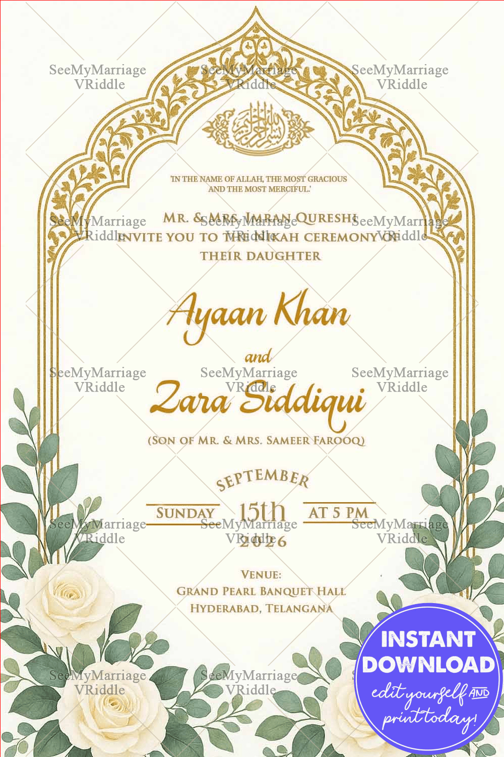 White Rose Elegance Nikah Invitation with Golden Islamic Arch and Serene Greenery