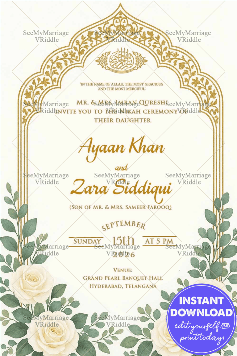 White Rose Elegance Nikah Invitation with Golden Islamic Arch and Serene Greenery