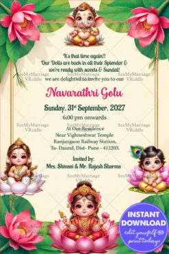 Lakshmi Saraswati Krishna Navarathri Golu Invitation Card with Lotus Floral Decorations and Traditional Green Leaf Border