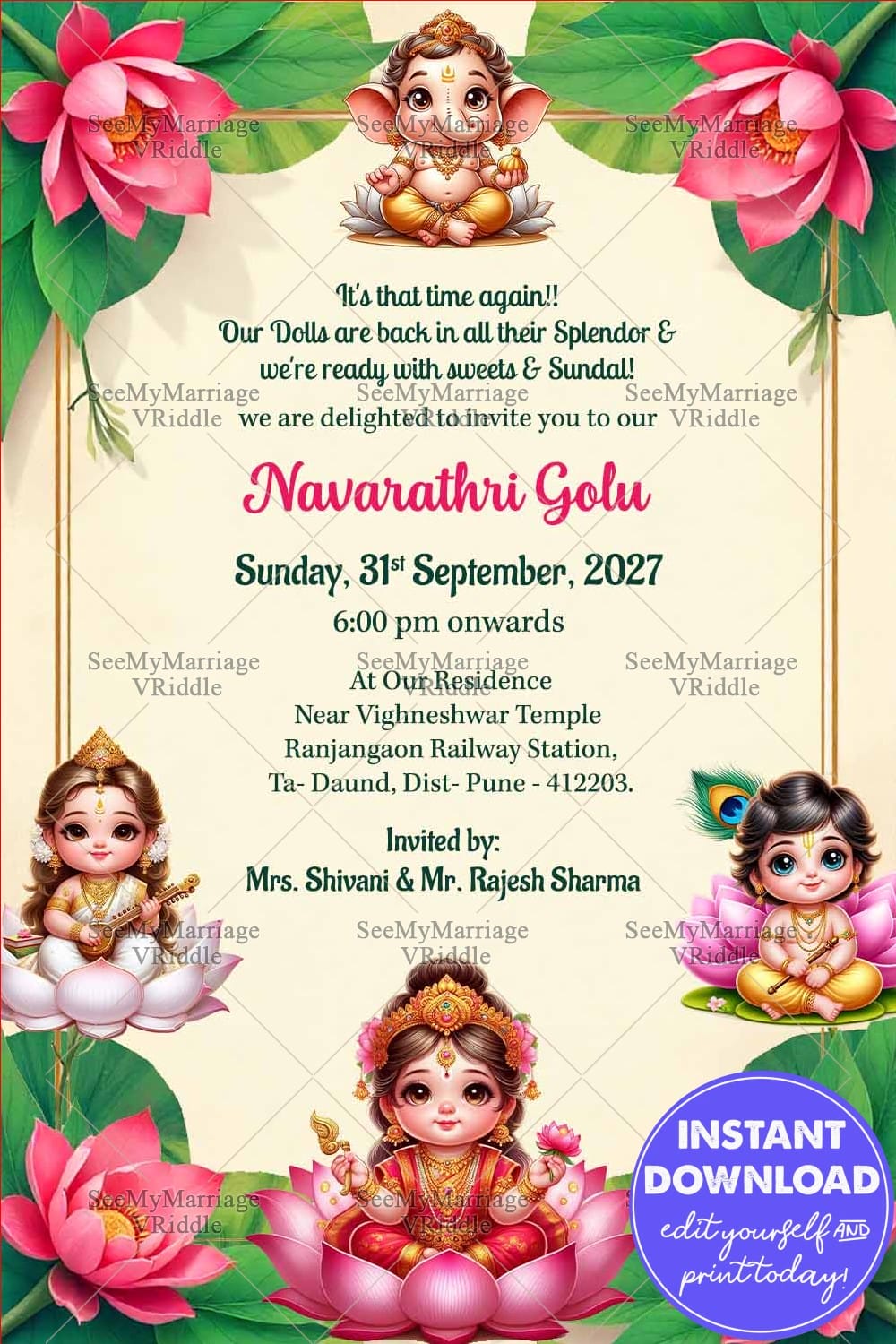 Lakshmi Saraswati Krishna Navarathri Golu Invitation Card with Lotus Floral Decorations and Traditional Green Leaf Border