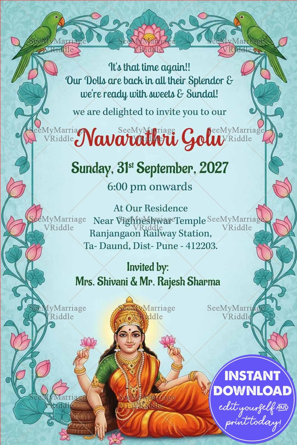 Goddess Lakshmi Navarathri Golu Invitation Card with Green Parrots, Pink Lotus Floral Border and Pastel Teal Background