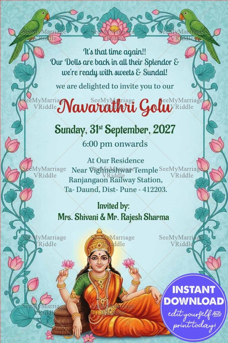 Goddess Lakshmi Navarathri Golu Invitation Card with Green Parrots, Pink Lotus Floral Border and Pastel Teal Background