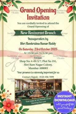 Grand Opening Invitation Card for New Restaurant Branch with Add Photo and Promotional Opening Discount Highlight