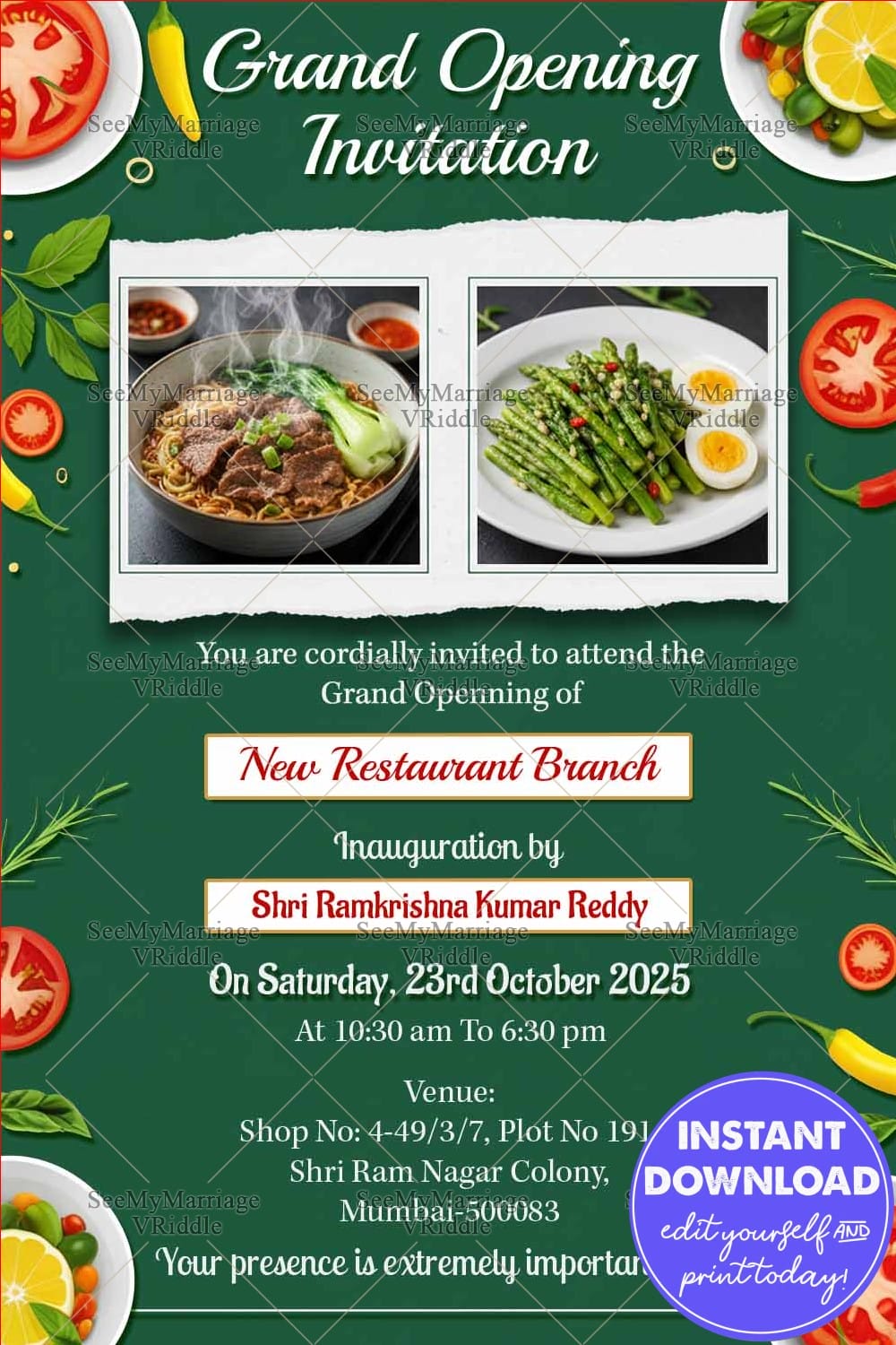 Food Themed Grand Restaurant Opening Invitation Card with Add Photos and Fresh Design