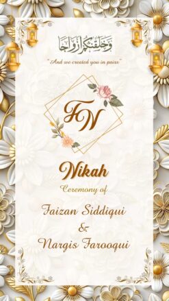 3D Floral Themed Nikah Invitation Video with Elegant Flowers in Gold and White