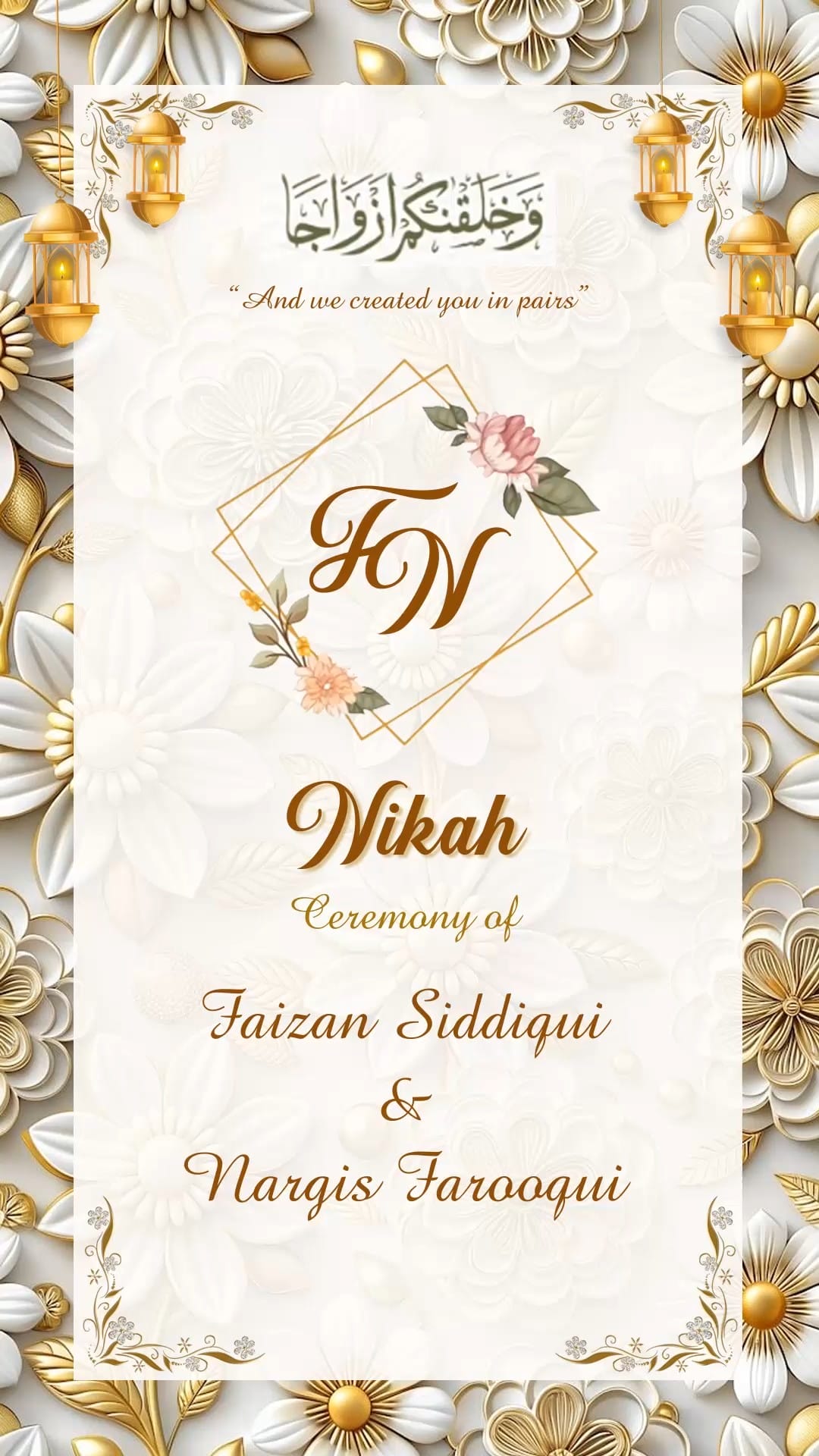 3D Floral Themed Nikah Invitation Video with Elegant Flowers in Gold and White