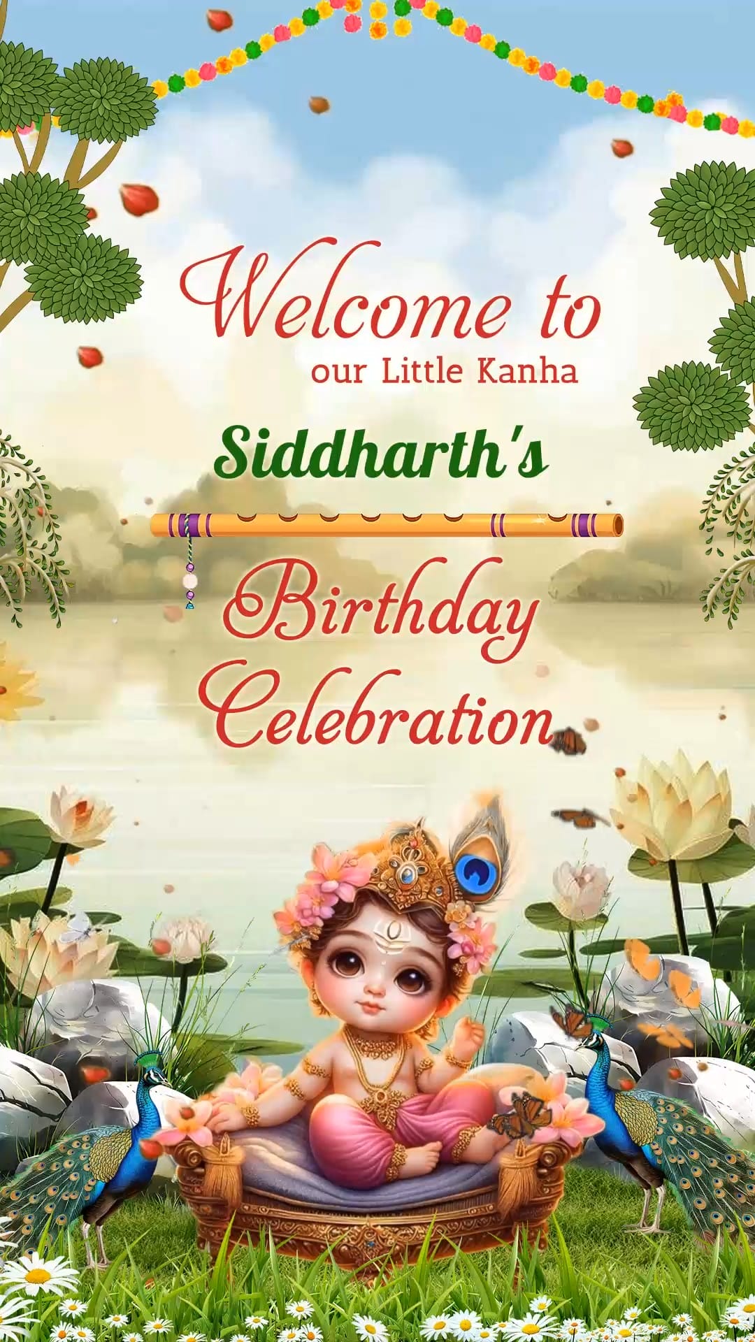 Animation Little Krishna Themed Birthday Invitation Video with Baby Kanha Sitting on a Decorated Swing Amidst Peacocks