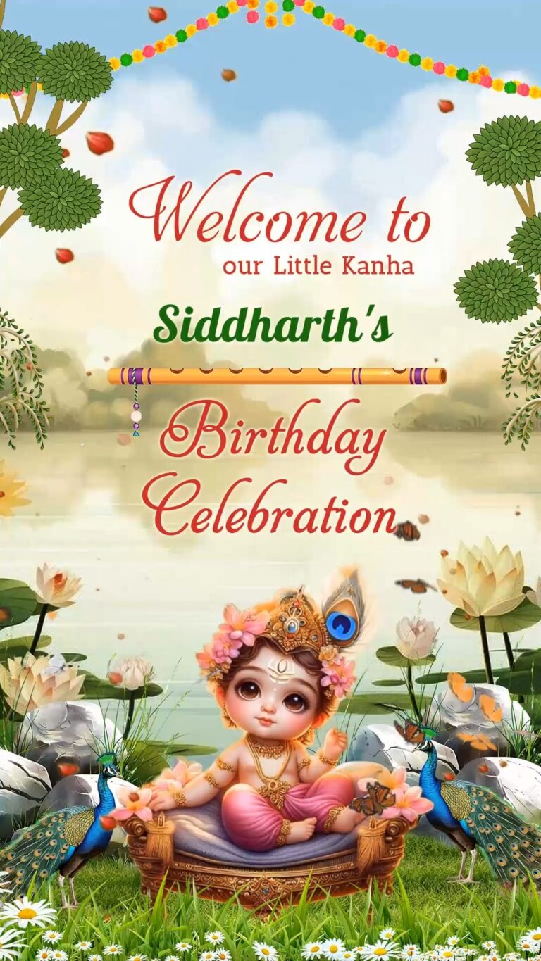 Animation Little Krishna Themed Birthday Invitation Video with Baby Kanha Sitting on a Decorated Swing Amidst Peacocks