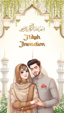 Artistic Nikah Invitation Video with Illustrated Muslim Couple in Traditional Attire