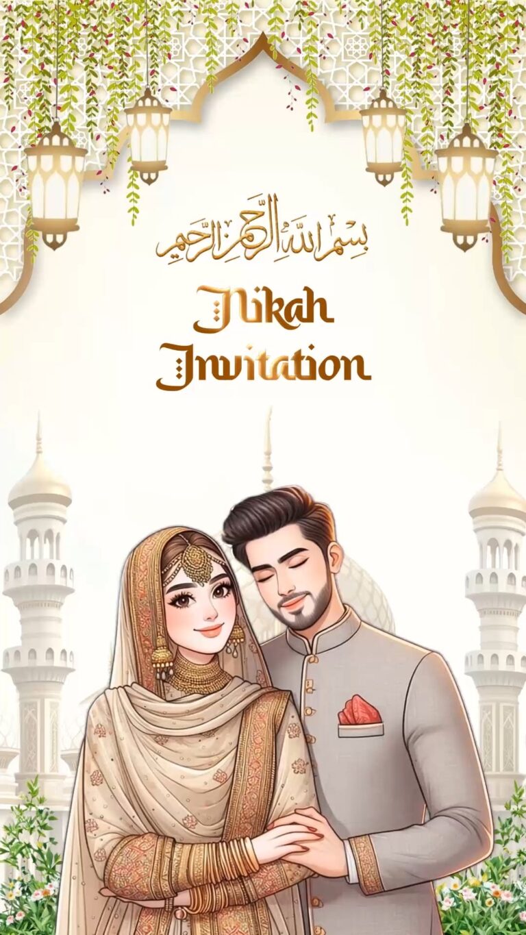 Artistic Nikah Invitation Video with Illustrated Muslim Couple in Traditional Attire