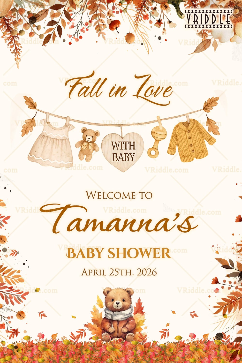 Rustic fall neutral baby shower welcome sign board with Baby Essentials and Teddy Bear with Warm Fall Colors