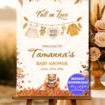 Rustic Fall Neutral Baby Shower Welcome Sign Board with Baby Essentials and Teddy Bear with Warm Fall Colors