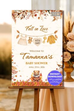 Rustic Fall Neutral Baby Shower Welcome Sign Board with Baby Essentials and Teddy Bear with Warm Fall Colors