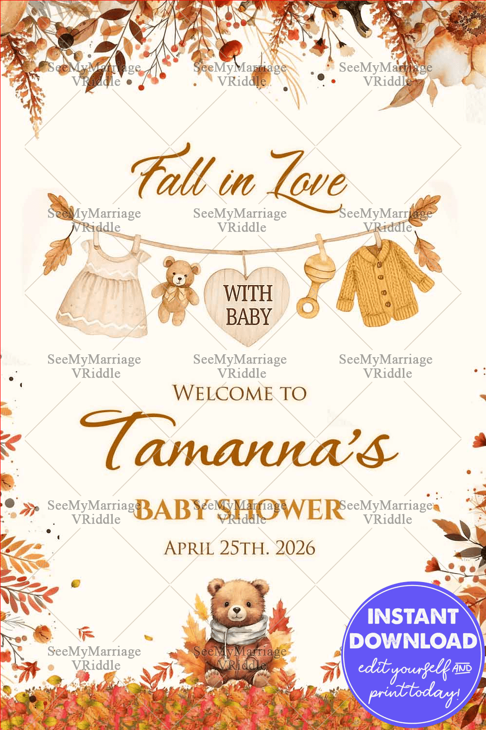 Rustic fall neutral baby shower welcome sign board with Baby Essentials and Teddy Bear with Warm Fall Colors