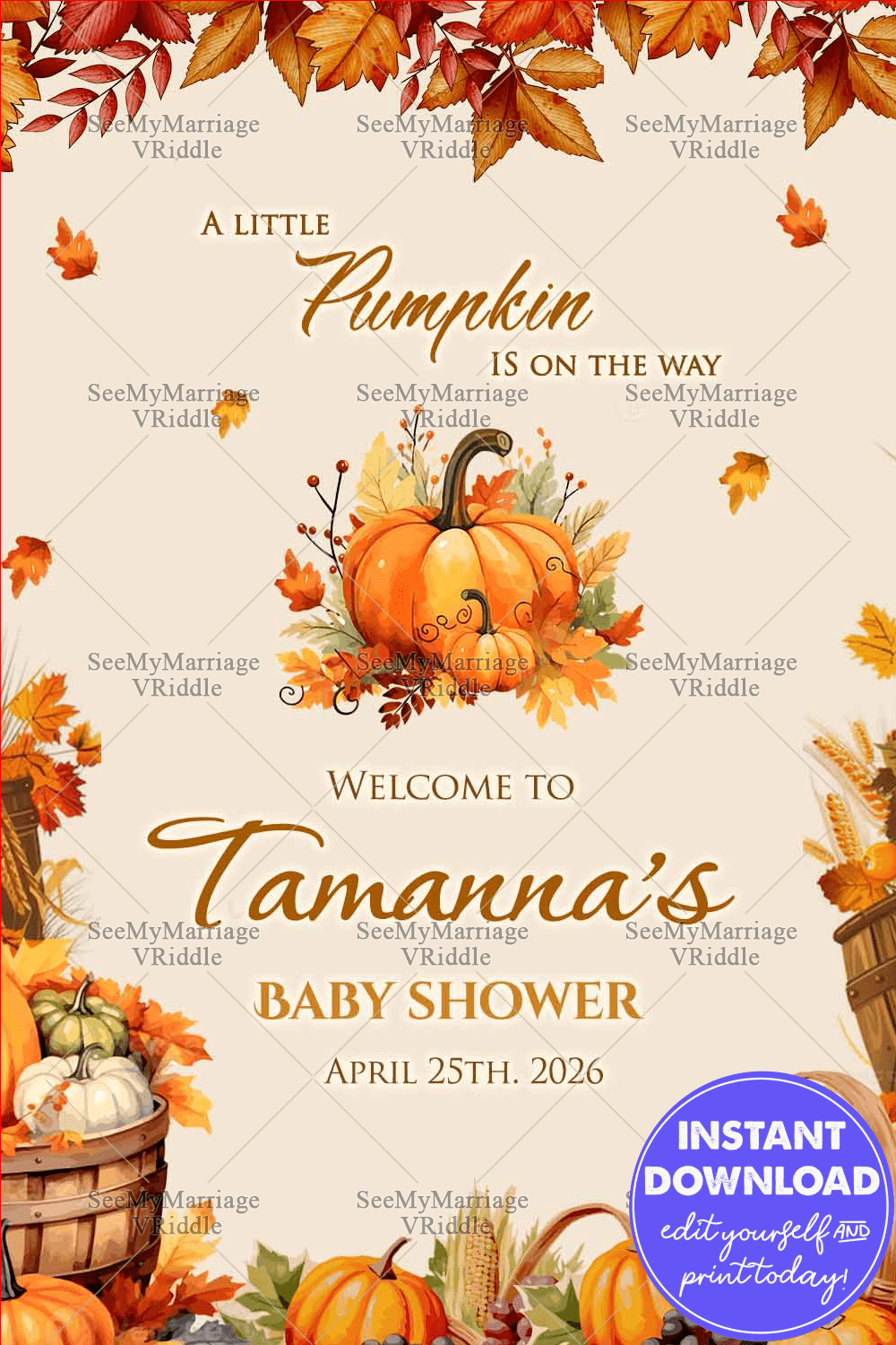 Autumn Pumpkins Themed Baby Shower Welcome Sign Board with Delightful Rustic Elements