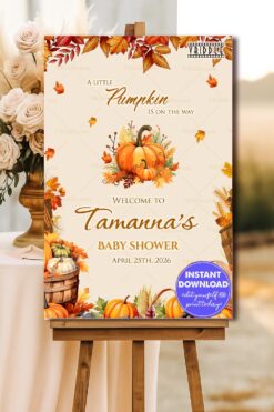Autumn Pumpkins Themed Baby Shower Welcome Sign Board with Delightful Rustic Elements