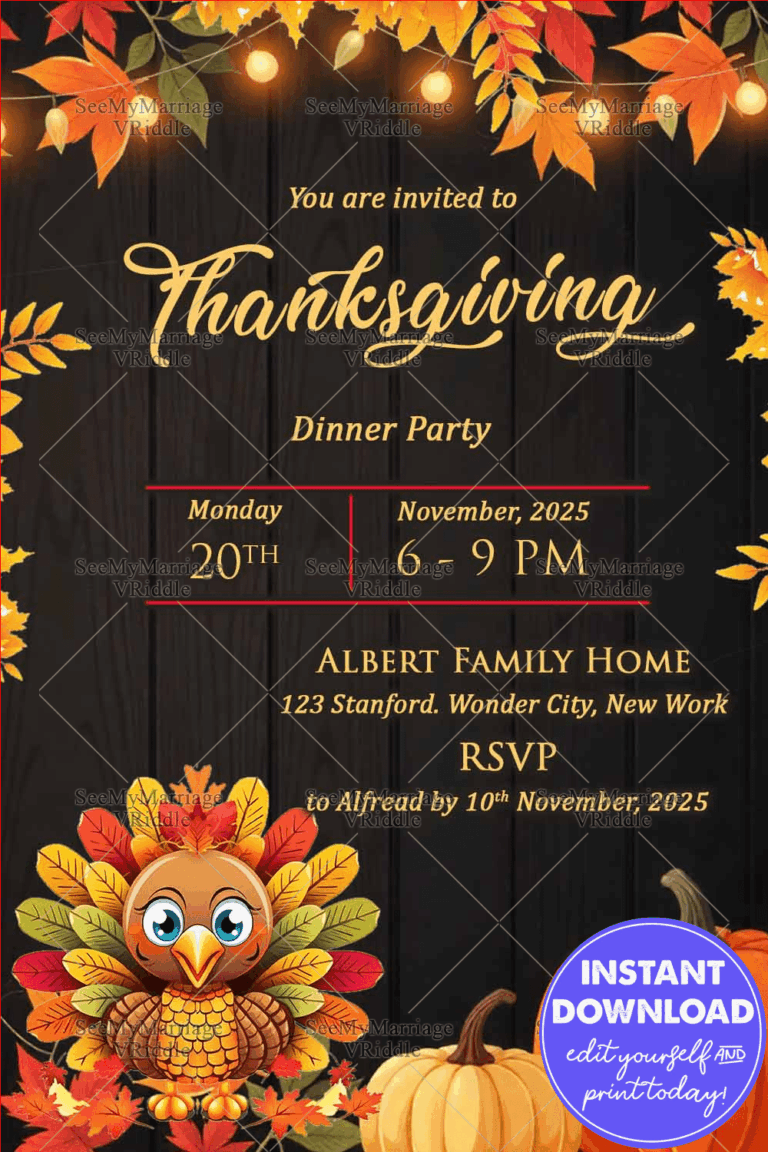 Autumnal leaves Thanksgiving Dinner Party Invitation with Lights in Wooden Backdrop