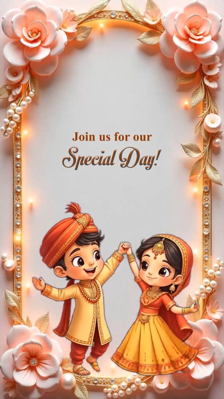 Dancing Couple 3d Motion Wedding Invitation Video with Adorable Cartoon Couple in Traditional Indian Attire, Surrounded by Elegant Rose and Pearl Decorations with Golden Accents