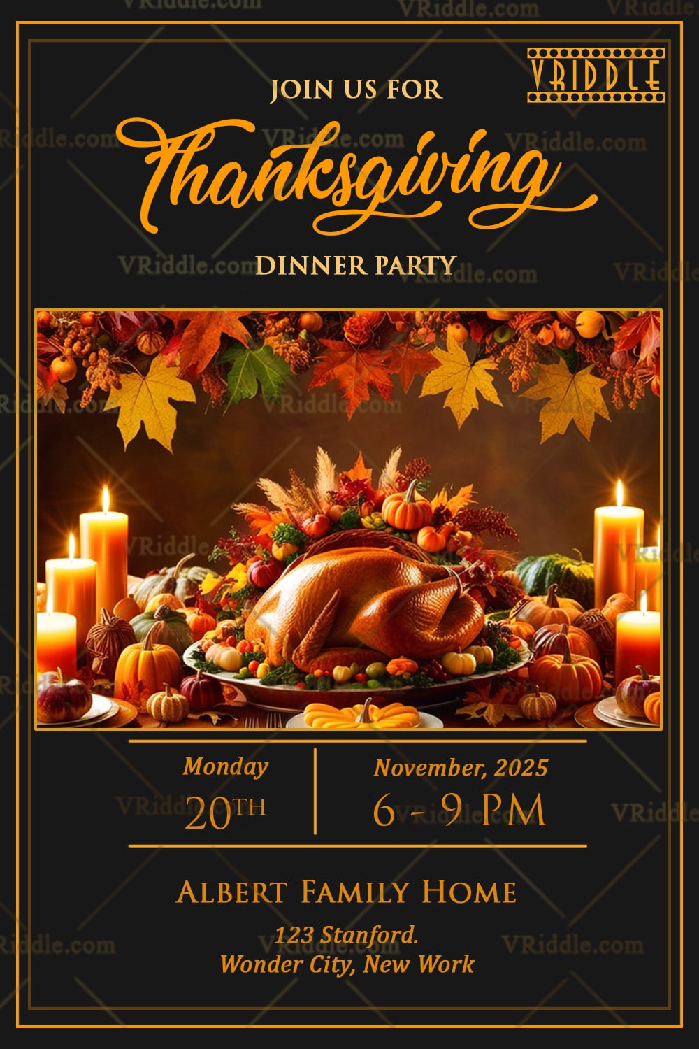 Dark Background Thanksgiving Dinner Party Invitation with Fall Leaves, Candles & Turkey Table Decor