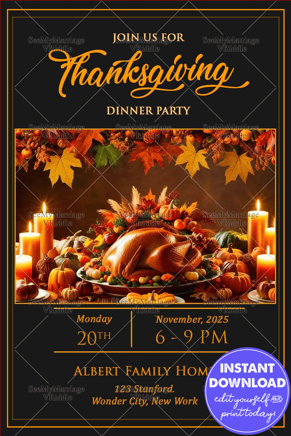 Dark Background Thanksgiving Dinner Party Invitation with Fall Leaves, Candles & Turkey Table Decor