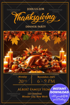 Dark Background Thanksgiving Dinner Party Invitation with  Fall Leaves, Candles & Turkey Table Decor