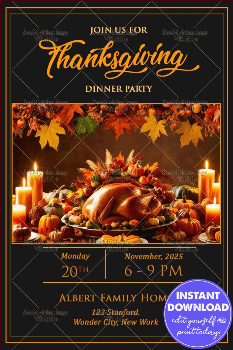 Dark Background Thanksgiving Dinner Party Invitation with  Fall Leaves, Candles & Turkey Table Decor