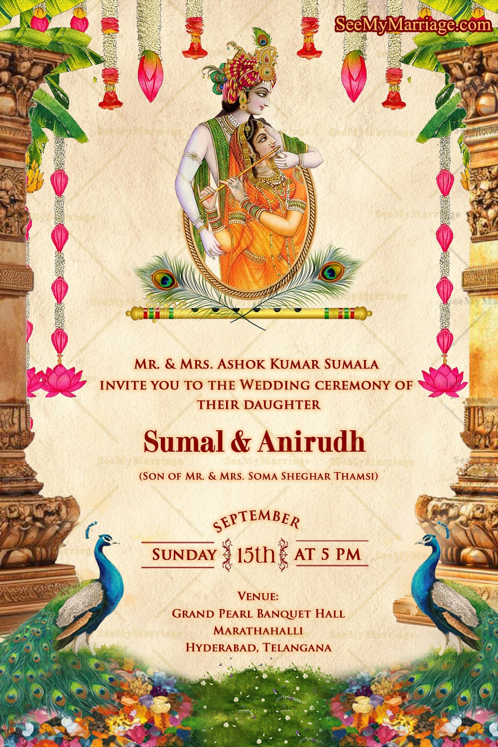 Devine Krishna Radha Wedding Invitation Featuring Regal Peacock Motifs, South Indian Temple Decor and Lotus