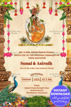 Devine Krishna Radha Wedding Invitation Featuring Regal Peacock Motifs, South Indian Temple Decor and Lotus