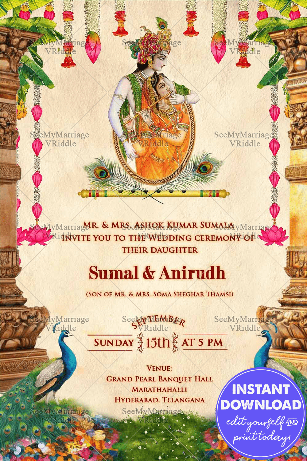 Devine Krishna Radha Wedding Invitation Featuring Regal Peacock Motifs, South Indian Temple Decor and Lotus