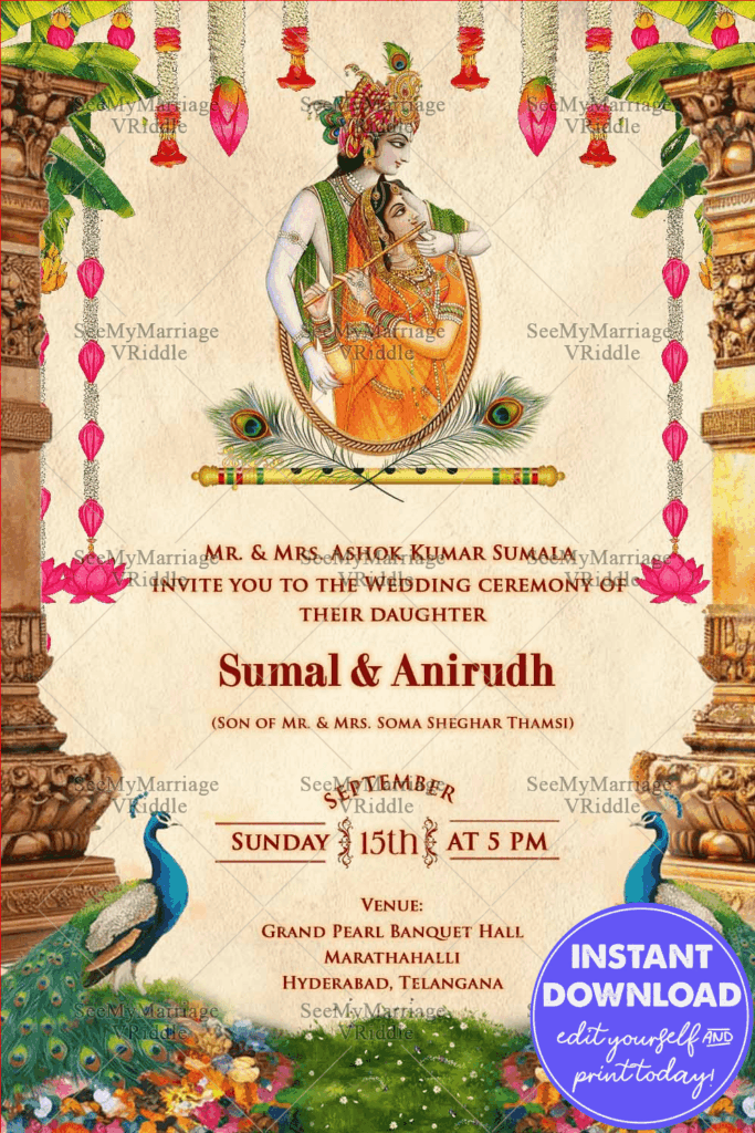 Devine Krishna Radha Wedding Invitation Featuring Regal Peacock Motifs, South Indian Temple Decor and Lotus