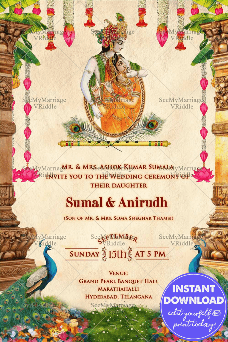 Devine Krishna Radha Wedding Invitation Featuring Regal Peacock Motifs, South Indian Temple Decor and Lotus