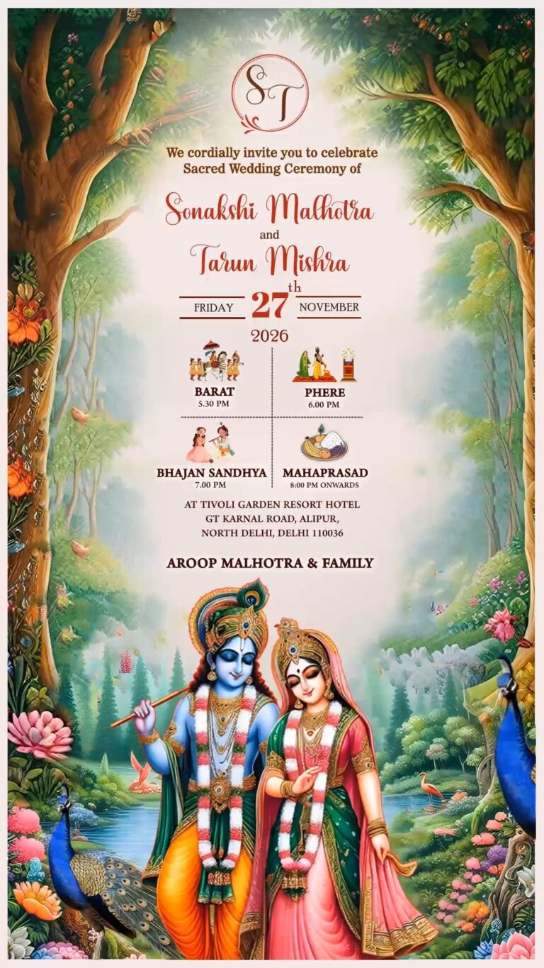 Divine Radha Krishna Wedding Invitation Video with Forest Theme and Event Icons