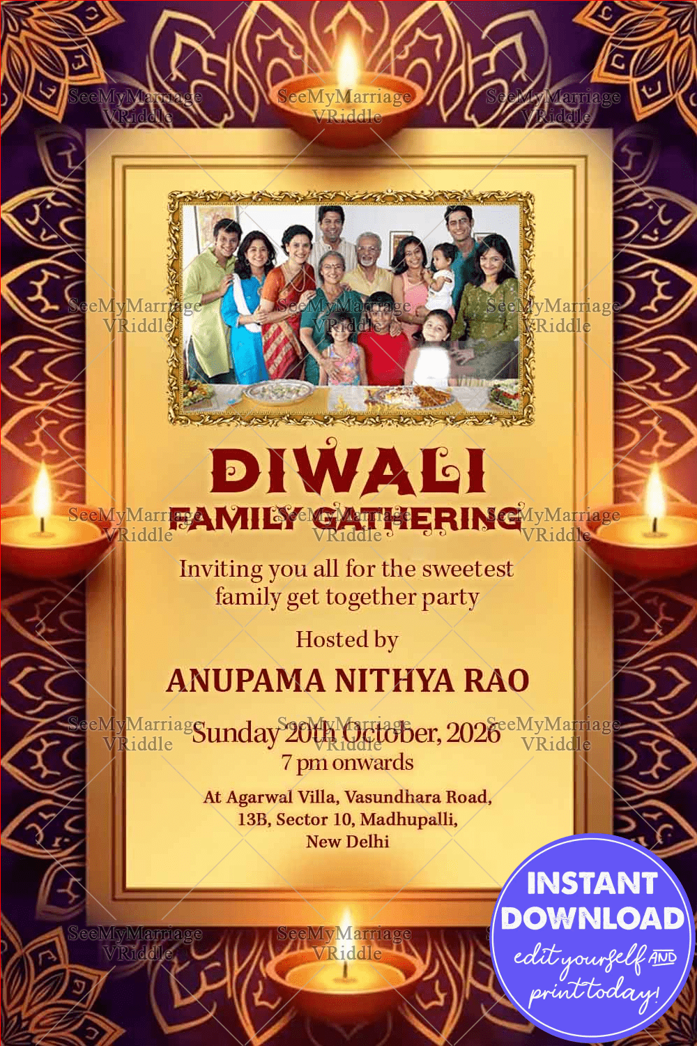 Diwali Family Gathering Invitation with Add Photo Frame and Mandala Patterns Traditional Diyas