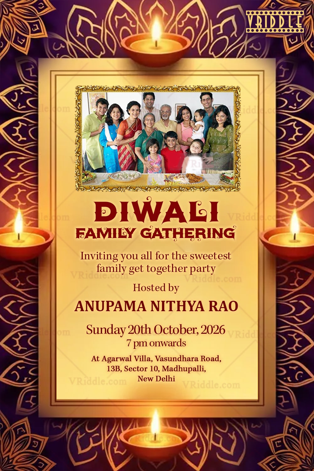 Diwali Family Gathering Invitation with Add Photo Frame and Mandala Patterns Traditional Diyas