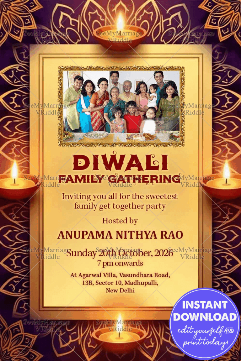 Diwali Family Gathering Invitation with Add Photo Frame and Mandala Patterns Traditional Diyas