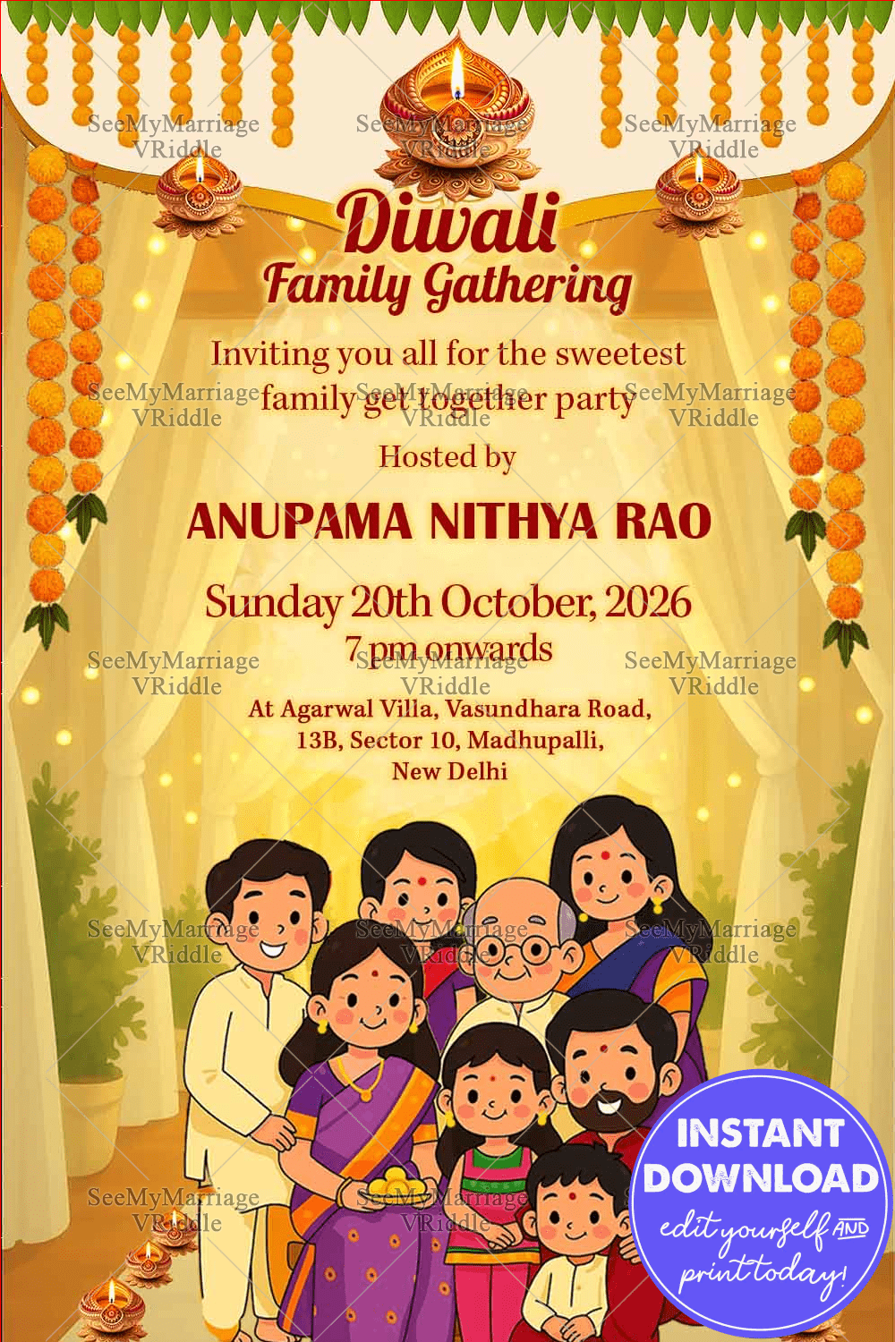 Diwali Family Gathering Invitation with Cartoon Family Illustration, Marigold Decor and Diyas