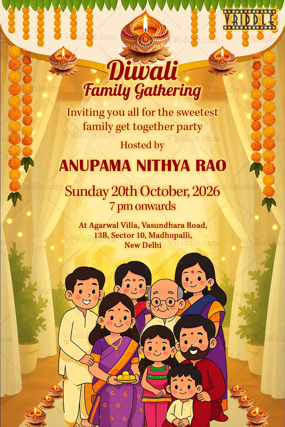 Diwali Family Gathering Invitation with Cartoon Family Illustration, Marigold Decor and Diyas