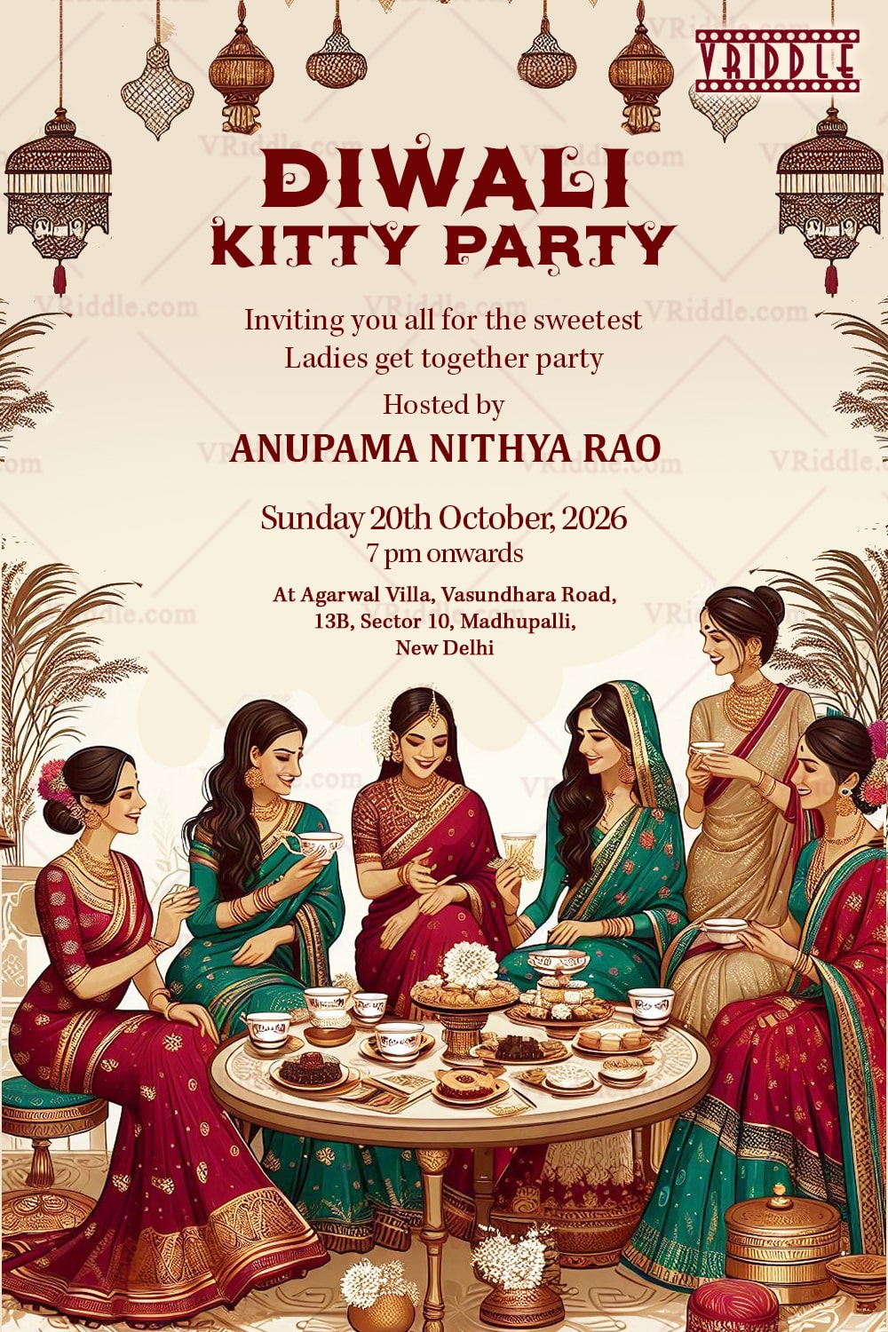 Diwali Girls’ Kitty Party Invitation with Ethnic Festive Hanging Lights on a Soft Cream Background