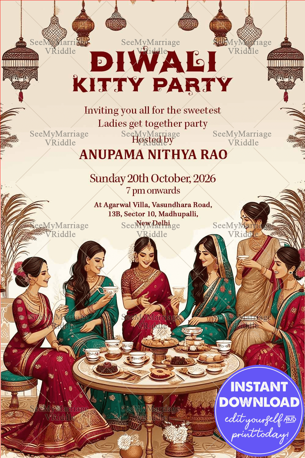 Diwali Girls’ Kitty Party Invitation with Ethnic Festive Hanging Lights on a Soft Cream Background