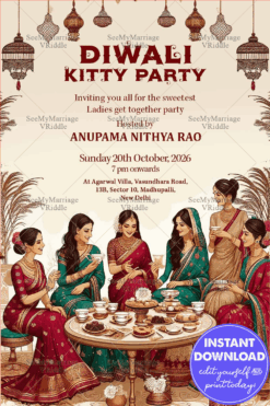 Diwali Girls’ Kitty Party Invitation with Ethnic Festive Hanging Lights on a Soft Cream Background