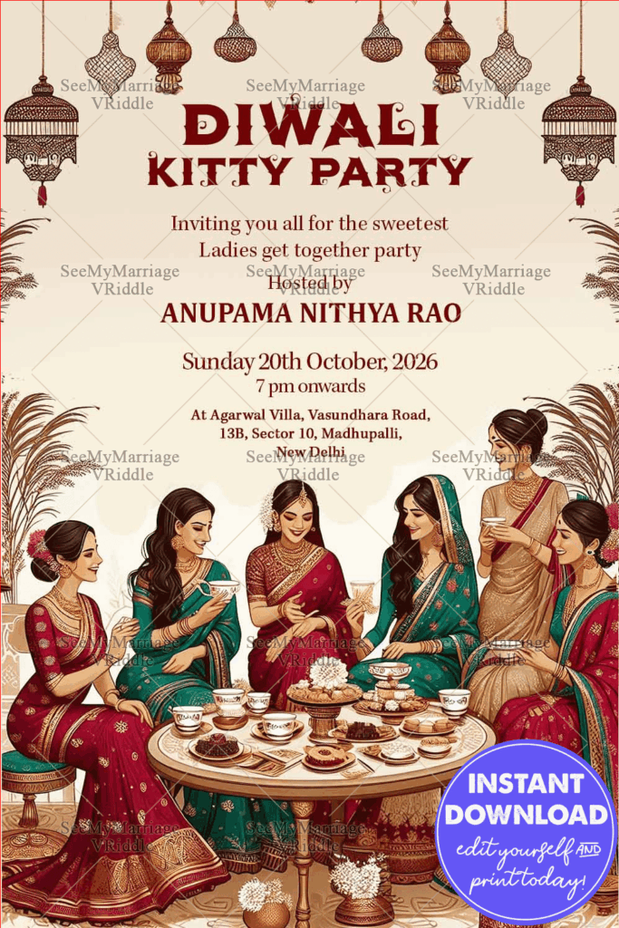 Diwali Girls’ Kitty Party Invitation with Ethnic Festive Hanging Lights on a Soft Cream Background